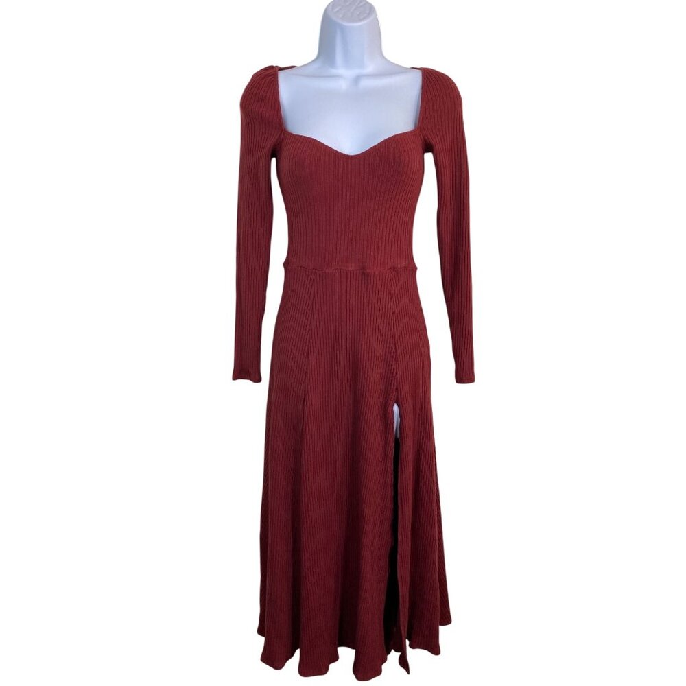 Reformation Banks Midi Dress size Small Red Long sleeve Red Ribbed Front Slit - Picture 2 of 16